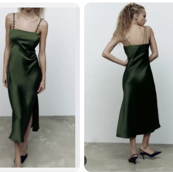 New Zara Satin Effect Jewel Straps Green Midi Dress NWT XS - Picture 6 of 17